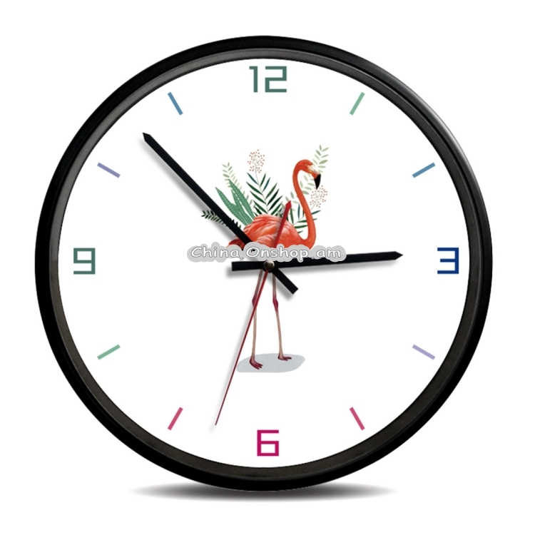 12 inch Home Office Room Flamingo Leaf Pattern Silent Non Ticking Round Decorative Wall Quartz Clock
