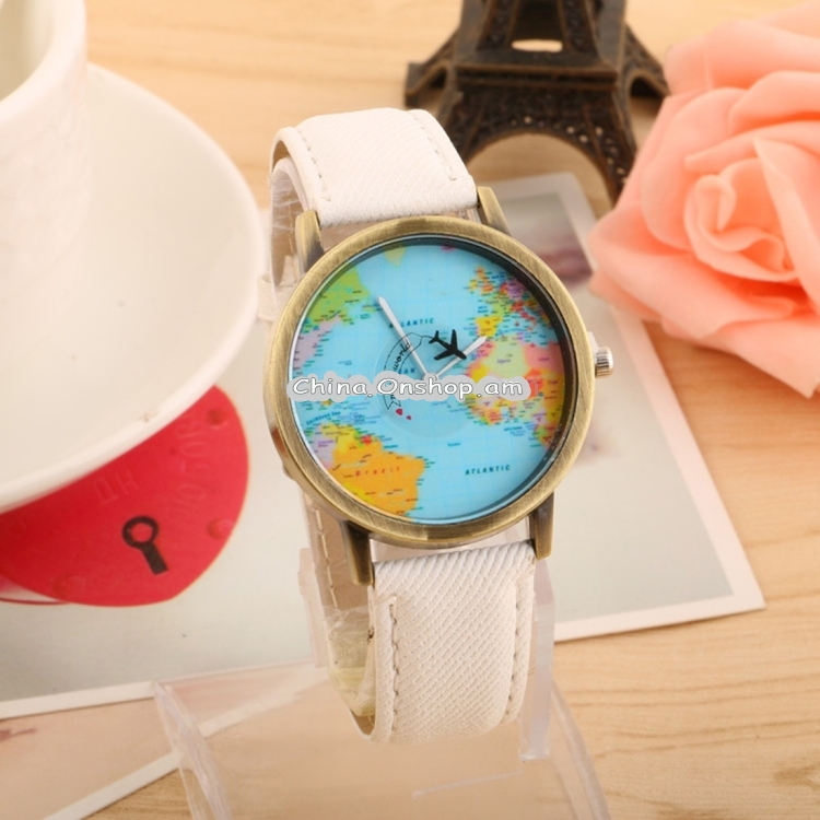 Leisure Style Round Dial Quartz Movement World Map Pattern Printing Plane Rotary Cowboy Dress Wrist Watch with Leather Band for Men / Women / Students(White)