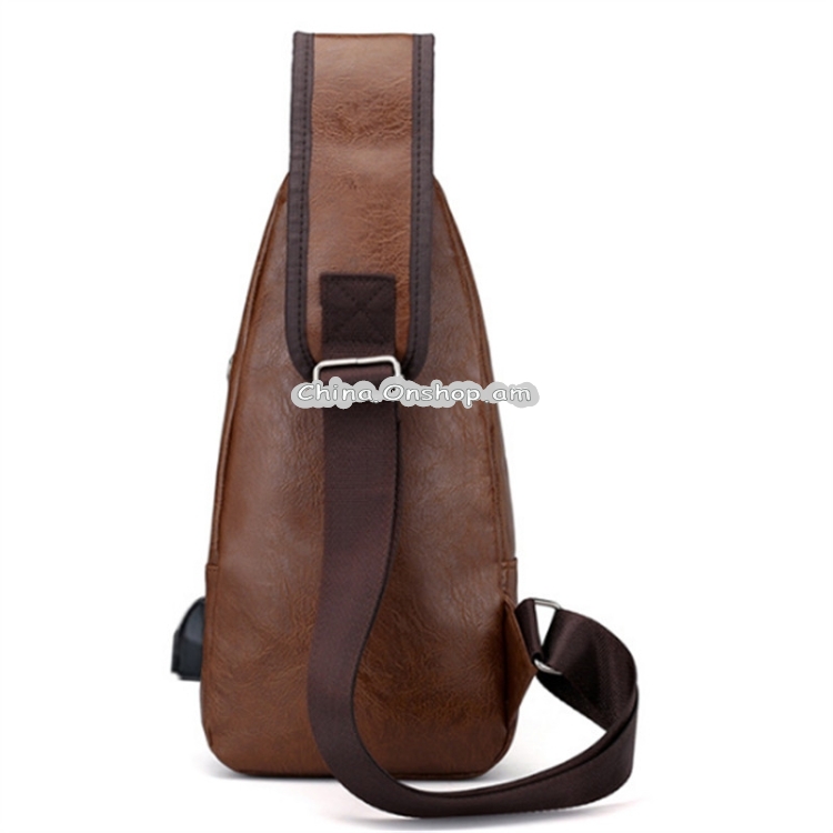 Waterproof Leisure PU Leather Single Shoulder Bag Men Chest Bag with USB Charging Port and Headphone Hole