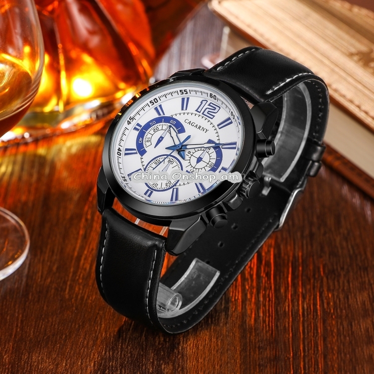 CAGARNY 6826 Fashionable Quartz Business Sport Wrist Watch with Leather Band & 24-hour Indication & Calendar Function for Men