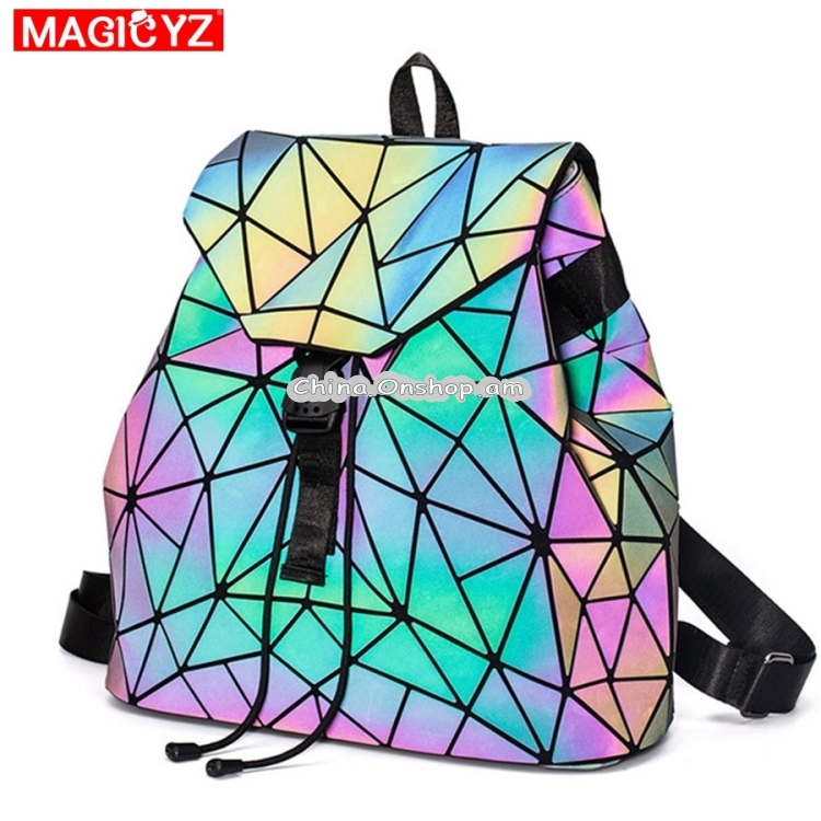 Women Laser Luminous Backpack School Hologram Geometric Fold Student School Bags, Size:36x13x32cm