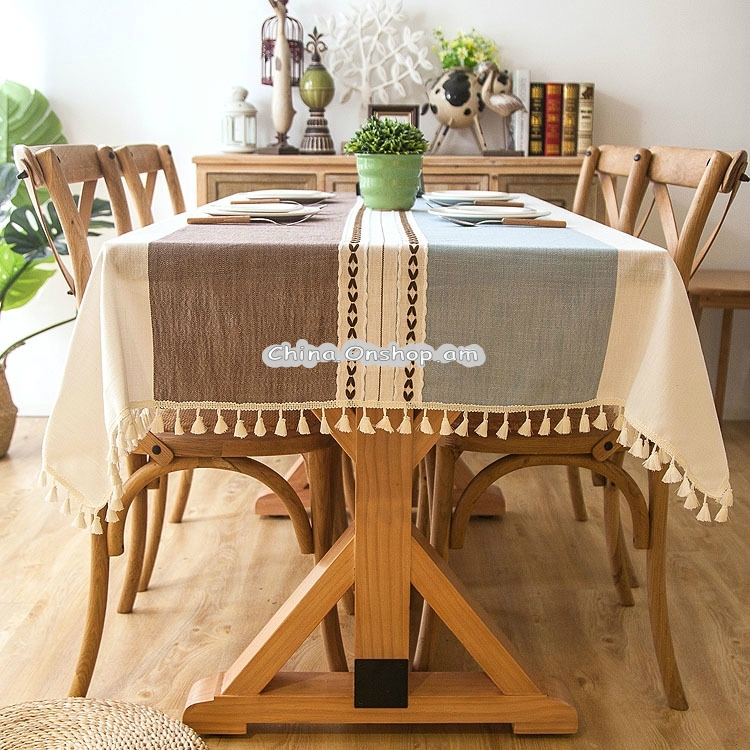 Plaid Decorative Linen Tablecloth With Tassel Waterproof Oilproof Thick Rectangular Dining Table Cloth, Type:Tassel, Size:90×90cm(Violet )