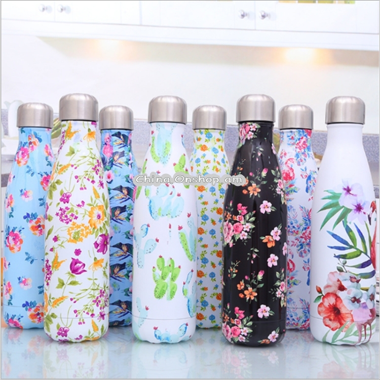 Animals Plants Pattern Thermal Cup Vacuum Flask Heat Water Bottle Portable Stainless Steel Sports Kettle, Capacity:500ml