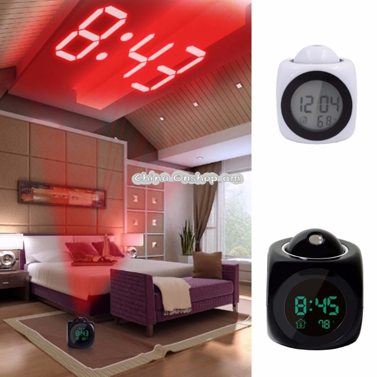 Multi-function LED Projection Alarm Clock Voice Talking Clock, Specification:Black + USB cable