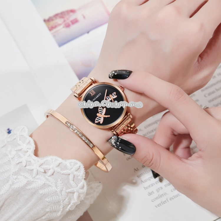 CAGARNY 6880 Fashion Life Waterproof Dragonfly Black Background Gold Steel Band Quartz Watch