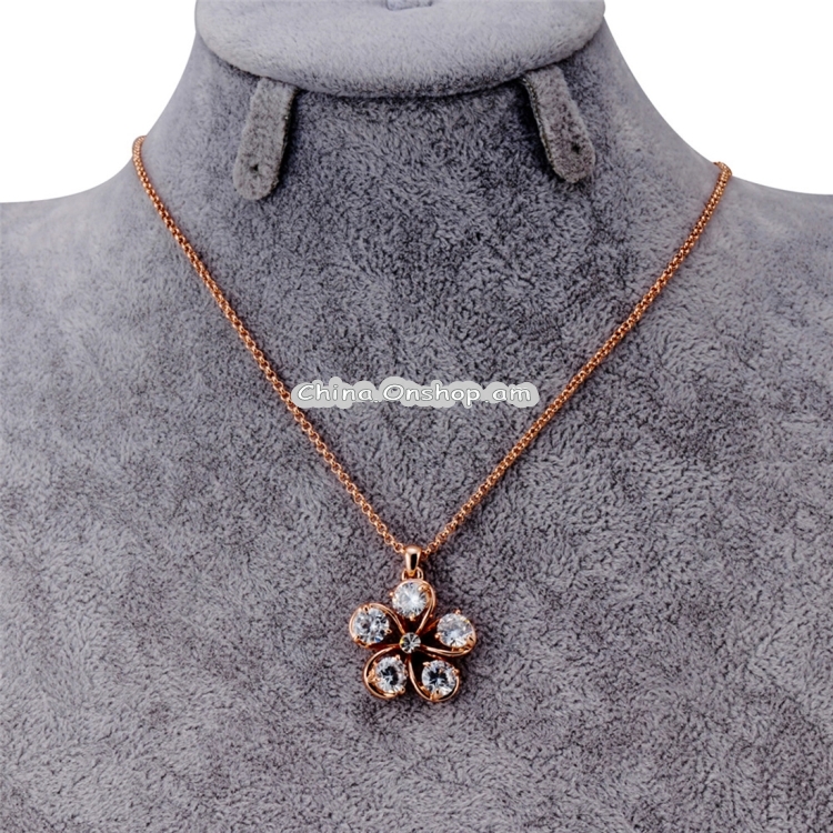 Rose Gold Five Petals with Crystal Pendant Necklace, Chain Length: 43cm