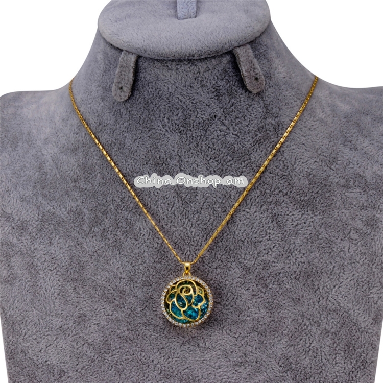 Gold Cutout Sphere with Blue Crystal Outer Ring and Zircon Necklace, Chain Length: 44cm