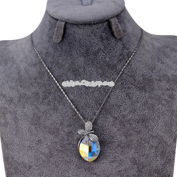 Silver Inlay Zircon Enamel Egg-Shaped Crystal Pendant Necklace, Chain Length: 43cm