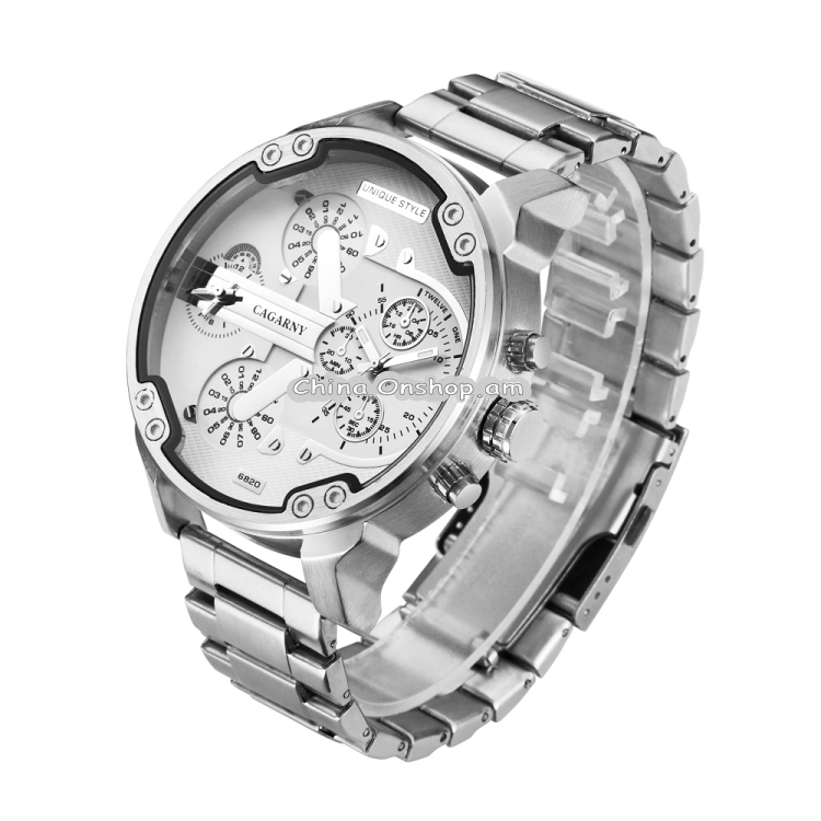 CAGARNY 6820 Fashionable Business Style Large Dial Dual Time Zone Quartz Movement Wrist Watch with Stainless Steel Band & Calendar Function for Men