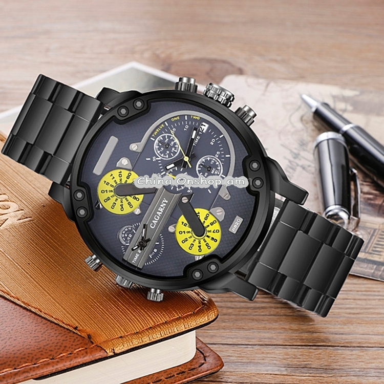 CAGARNY 6820 Fashionable Business Style Large Dial Dual Time Zone Quartz Movement Wrist Watch with Stainless Steel Band & Calendar Function for Men