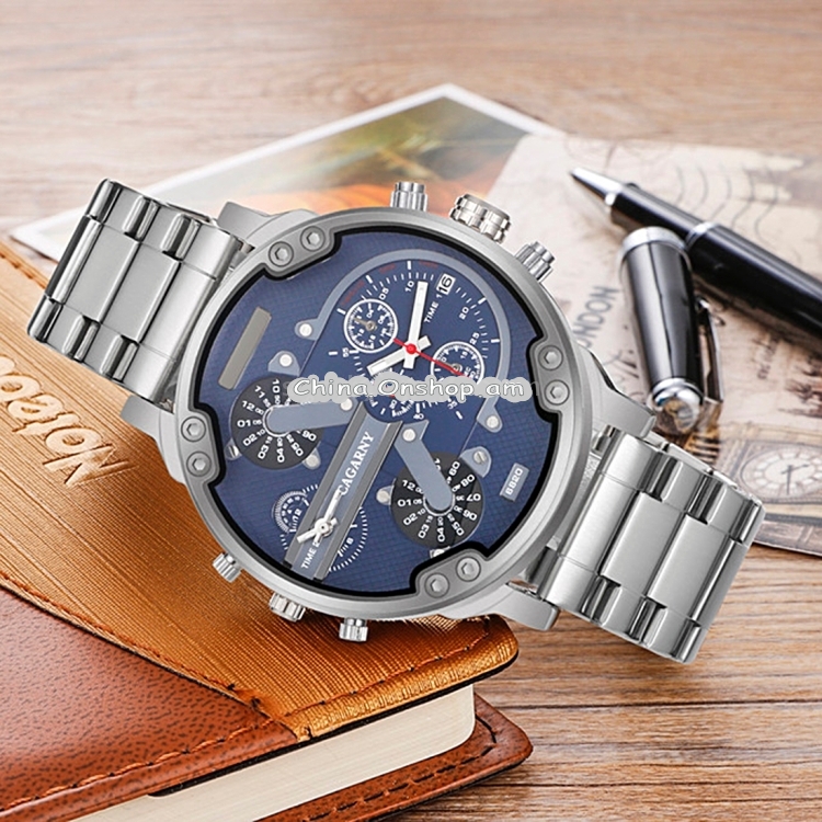 CAGARNY 6820 Fashionable Business Style Large Dial Dual Time Zone Quar0tz Movement Wrist Watch with Stainless Steel Band & Calendar Function for Men
