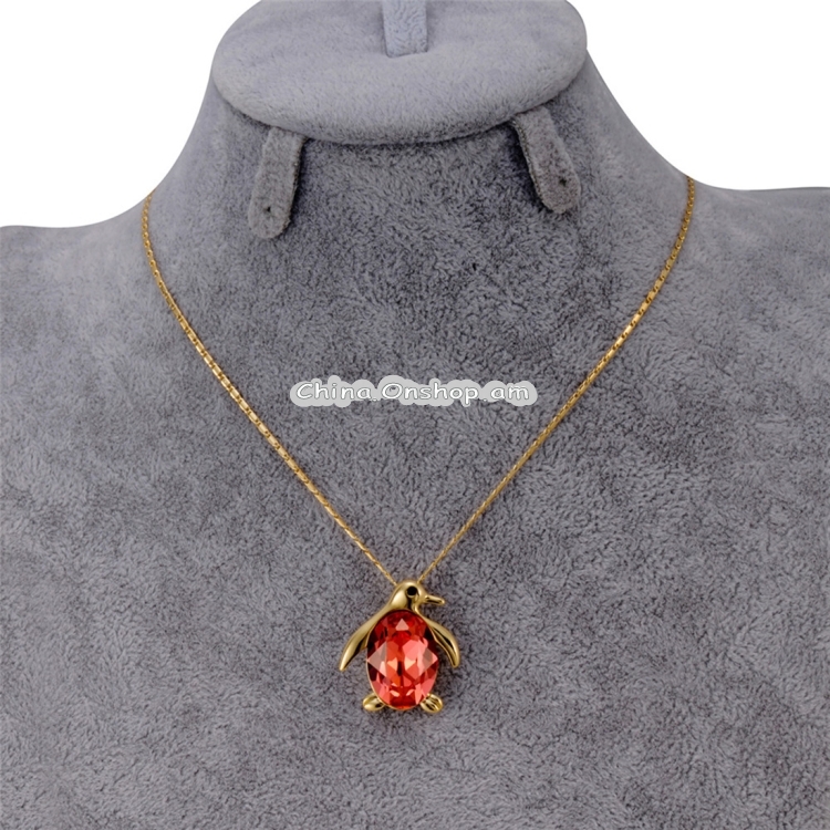 Golden Penguin with Red Crystal Pendant Necklace, Chain Length