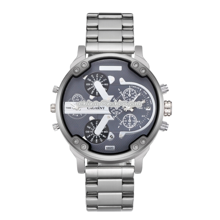 CAGARNY 6820 Fashionable Business Style Large Dial Dual Time Zone Quartz Movement Wrist Watch with Stainless Steel Band & Calendar Function for Men
