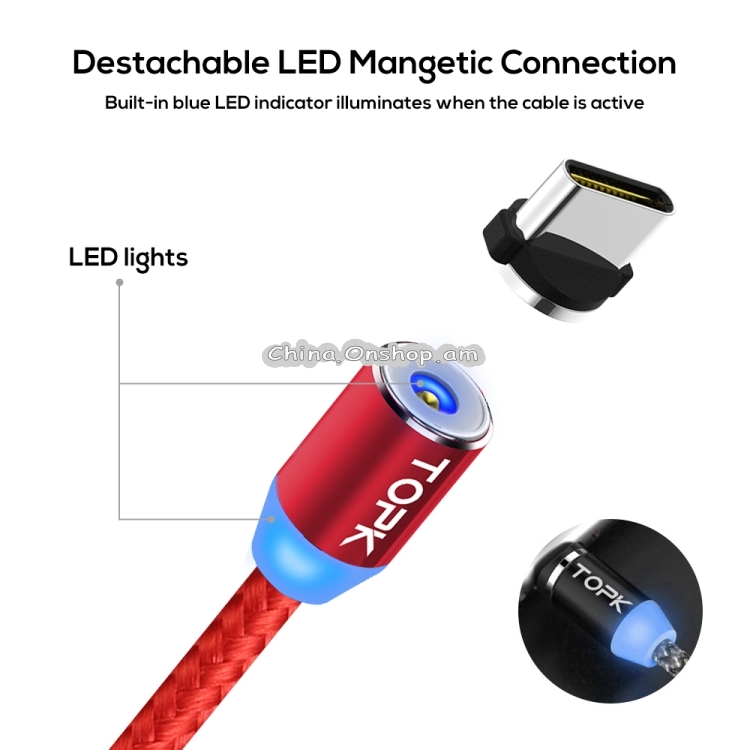 TOPK 1m 2.4A Max USB to USB-C / Type-C Nylon Braided Magnetic Charging Cable with LED Indicator