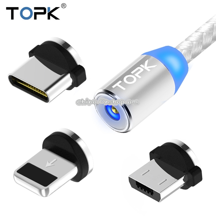 TOPK 2m 2.4A Max USB to 8 Pin + USB-C / Type-C + Micro USB Nylon Braided Magnetic Charging Cable with LED Indicator