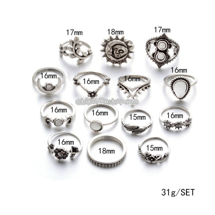Punk Vintage Hollow Carved Diamond Waterdrop Flower Moon Ring Set