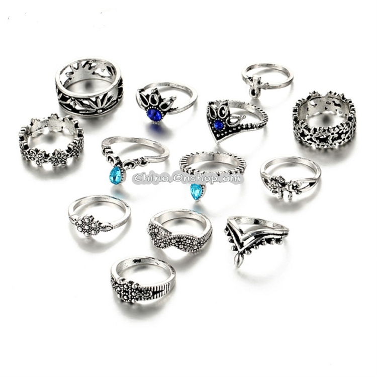 13 PCS Vintage Knuckle Rings for Women Boho Geometric Flower Crystal Ring Set
