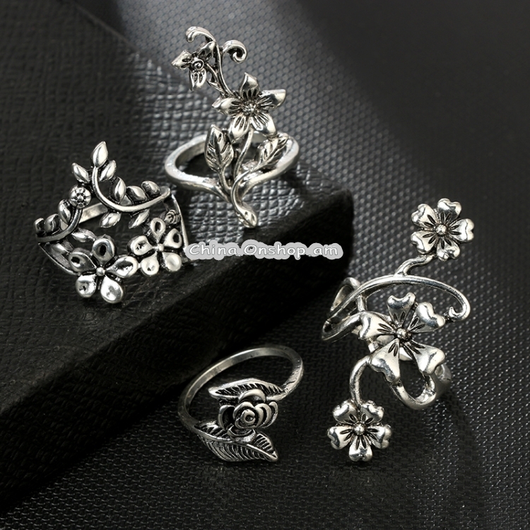 4 PCS/Set Antique Vintage Bohemia Style Rose Flower Rings for Womens
