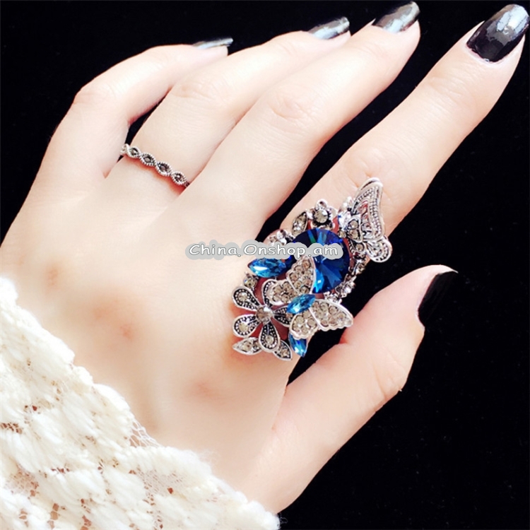 Women Fashion Retro Palace Gemstone Crystal Butterfly Ring, Ring