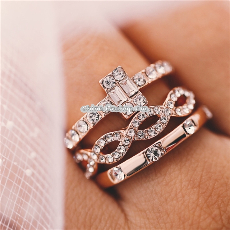 3PCS/Set Women Girls Fashion Geometry Crystal Rings