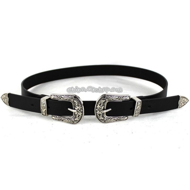 Women Black Leather Western Cowgirl Waist Metal Buckle Waistband New Hot Widened gold double buckle black bottom