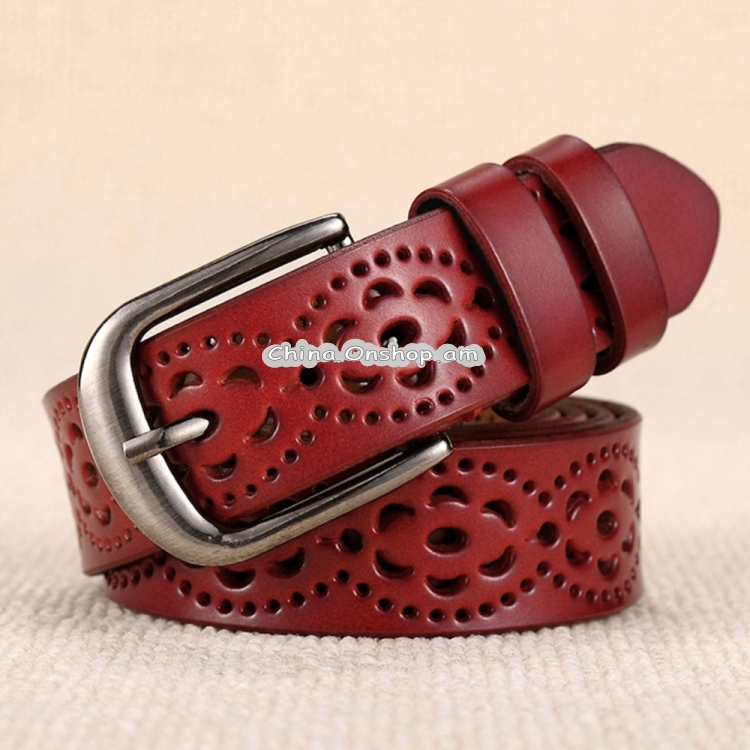 Women Genuine Leather Belt Floral Carved Cow Skin Belts for Jeans