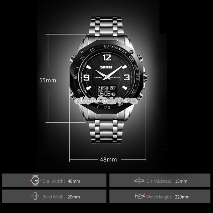 SKMEI 1464 Multifunctional Men Outdoor Business Sports Waterproof Steel Strap Double Display Digital Watch