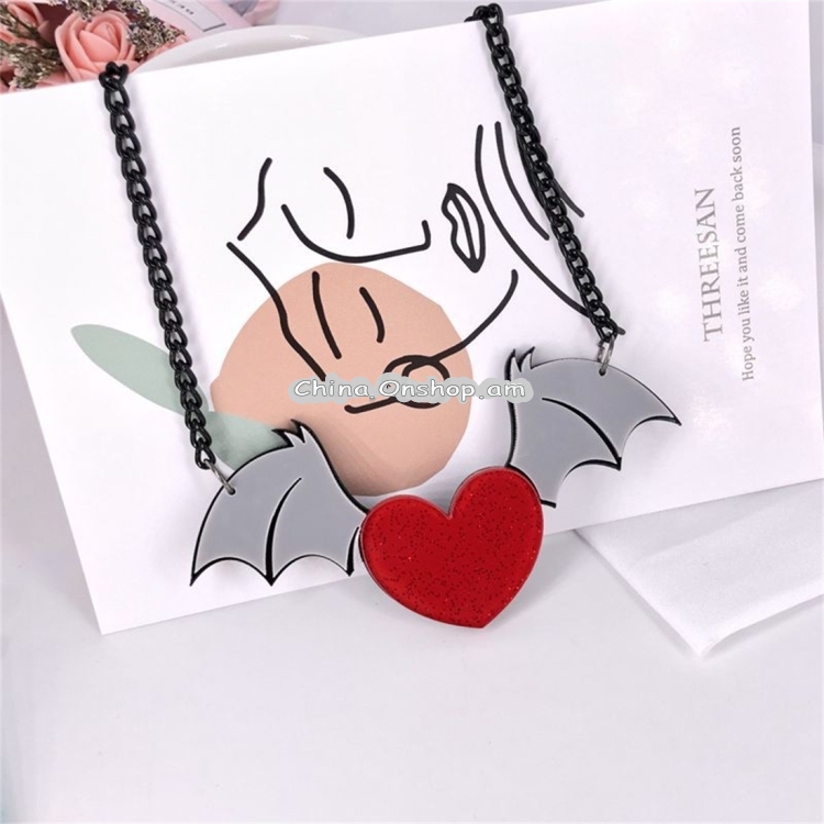 Women Fashion Acrylic Heart Shaped Bat Wings Pendant Necklace