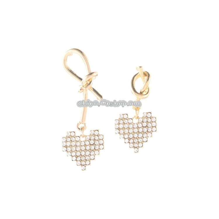 Pair Women Fashion Asymmetric Full Diamond Heart Earrings