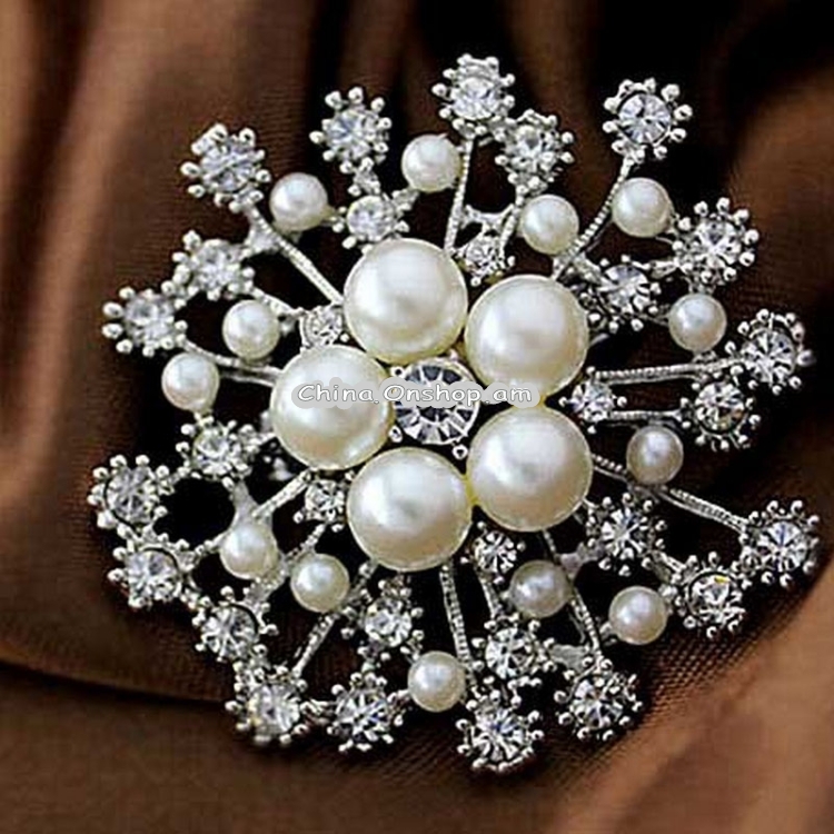 Women Large Snowflake Imitation Pearls Rhinestones Crystal Brooch Pin Jewelry