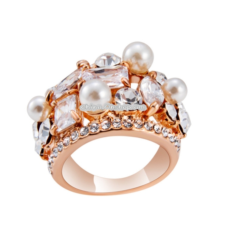 Rose Gold Plated Zircon Crystal Imitation Pearl Rose Ring for Women