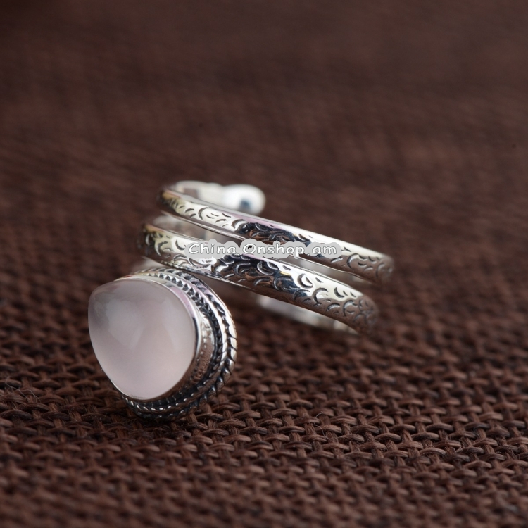 925 Sterling Silver Rings For Women Inlaid Rose Quartz Natural Stone Opening Type Multi Layers Vintage Snake Ring