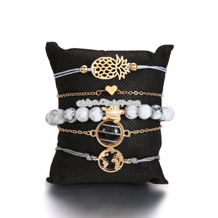 5 PCS Pineapple Love Black Pearl Map Turtle Cyan Beads Set Diamonds Turquoise Braided Bracelet