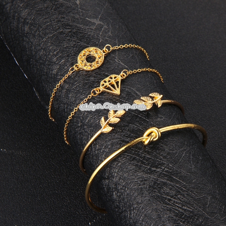 4 PCS /Set Women Fashion Bohemia Leaf Knot Hand Cuff Link Chain Charm Bracelet Bangle gold