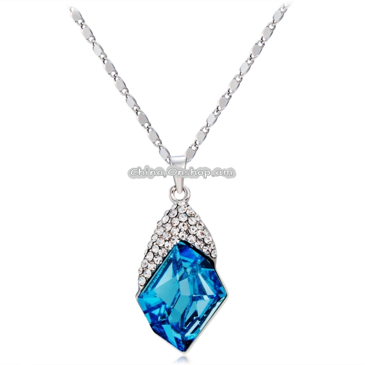 Silver Inlaid Zircon Inlaid Rectangular Blue Crystal Pendant Necklace