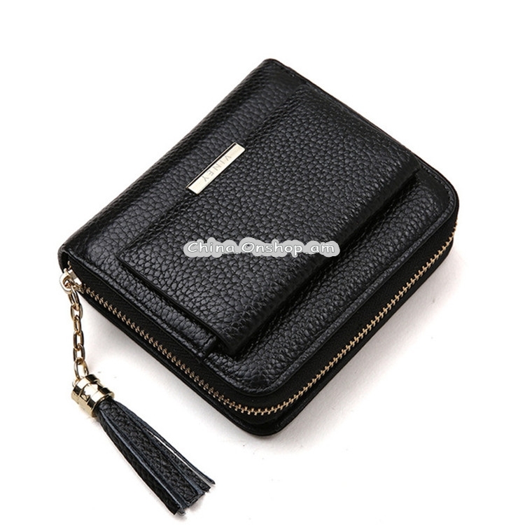 Short Zippered Leather Folding Wallet Tassel Coin Purse