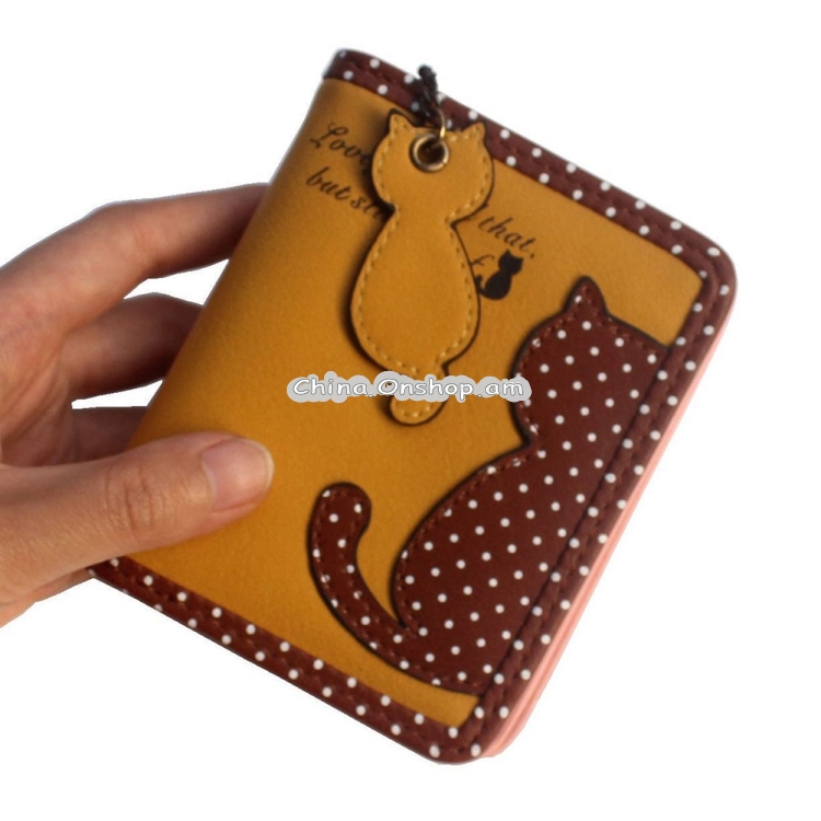 Cartoon Contrast Color Stitching Dot Print Cat Pendant Zip Wallet