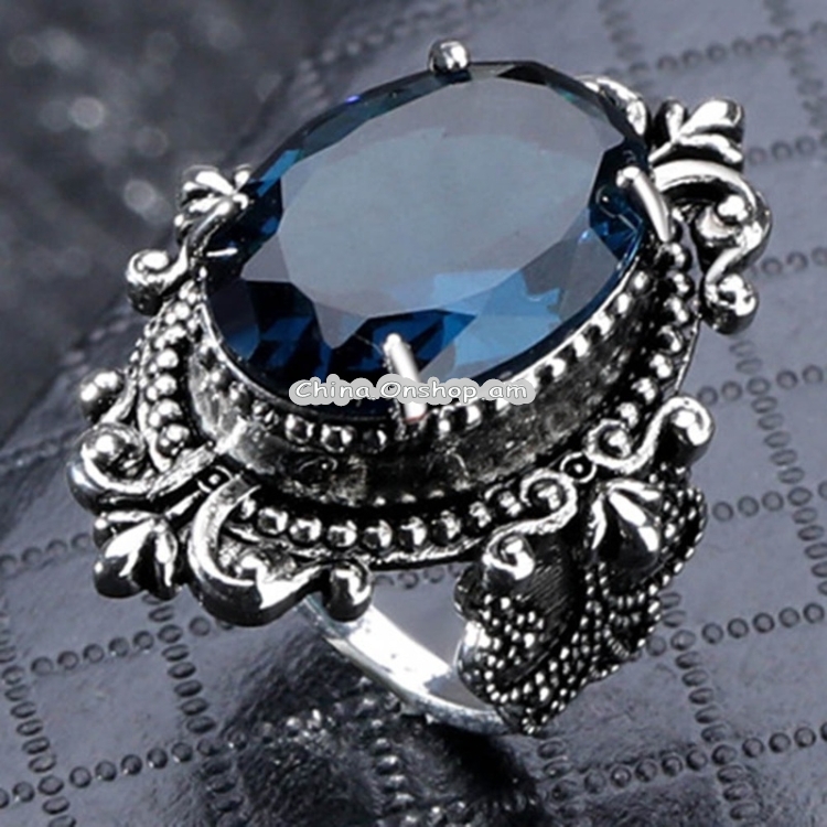 925 Silver Vintage Goose Egg-shaped Sea Blue Topaz Ring