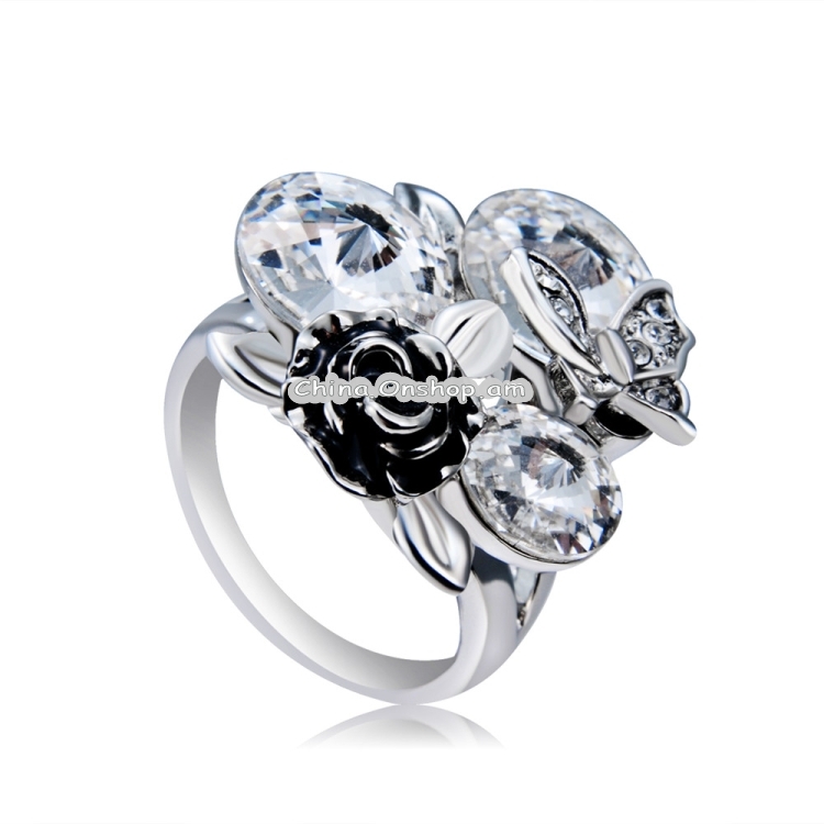 Fashion Silver-Plated Flower Butterfly with Three Diamond-Shaped Crystal Ring for Women(Silver with Diamond