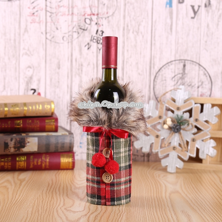 Christmas Ornaments Wine Set Bow Bottle Set Hotel Restaurant Decoration Props(Red Plaid