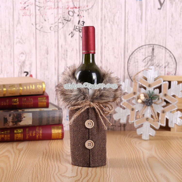 Christmas Ornaments Wine Set Bow Bottle Set Hotel Restaurant Decoration Props(SoGray Burlap)