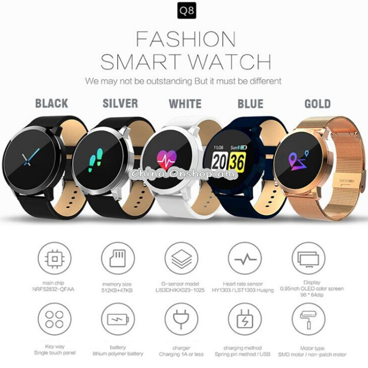 Q8 OLED Color Screen Fashion Smart Watch IP67 Waterproof, Support Heart Rate Monitor / Blood Pressure Oxygen / Fitness Tracker