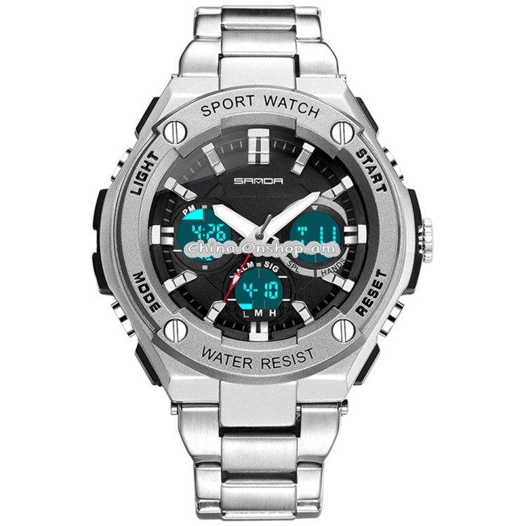 SANDA783 Men Large Dial Steel Band Waterproof Electronic Watch Fashion Trend Double Show Men Watch Personality Business Watch