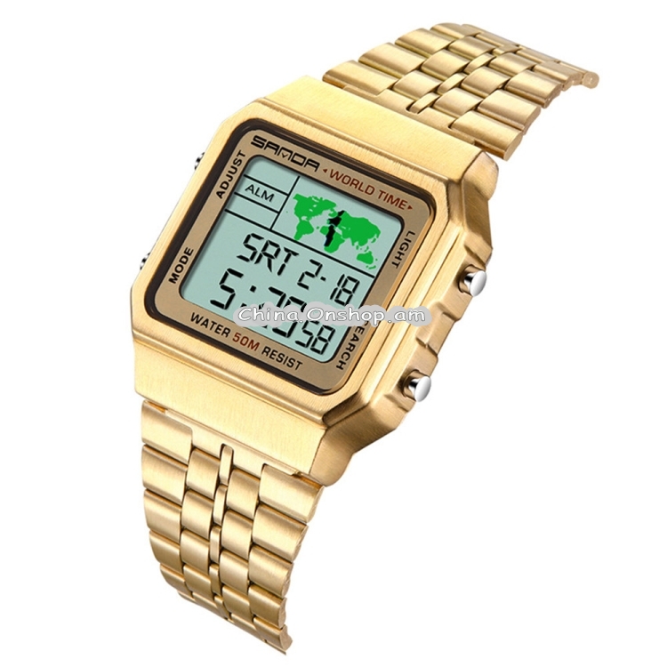 SANDA 500 Business Fashion Square Flashlight Electronic Watch World Map Multi Functional Male Student Steel Wristwatch