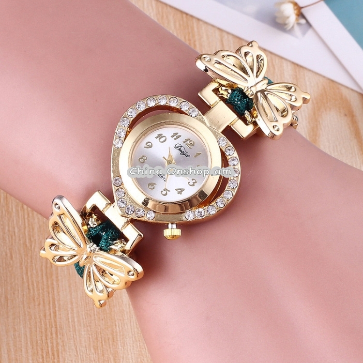Women Heart Shaped Dial Diamond Stainless Steel Butterfly Bracelet Watch