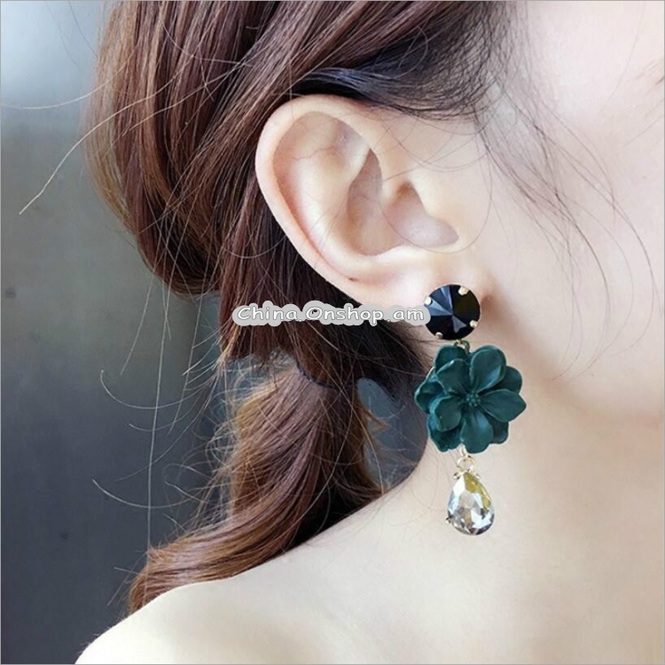 Flowers Glass Droplet Tassel Stud Earrings For Women