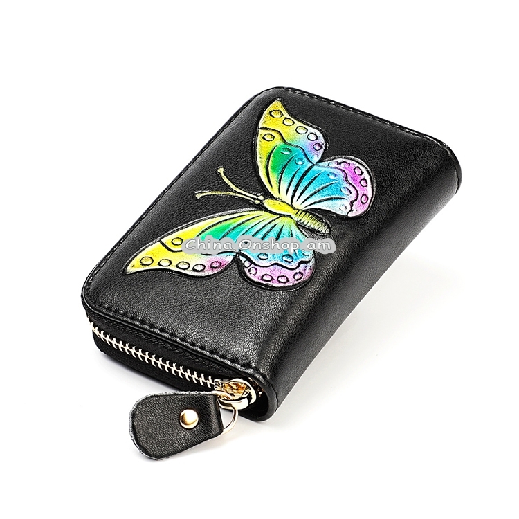 KB152 Butterfly Pattern Zipper Cowhide Leather Organ Shape Multiple Card Slots Anti-magnetic RFID Wallet for Ladies
