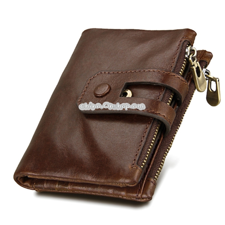 Genuine Cowhide Leather Crazy Horse Texture Zipper 3-folding Card Holder Wallet RFID Blocking Coin Purse Card Bag Protect Case for Men, Size: 12*9.5*3.5cm