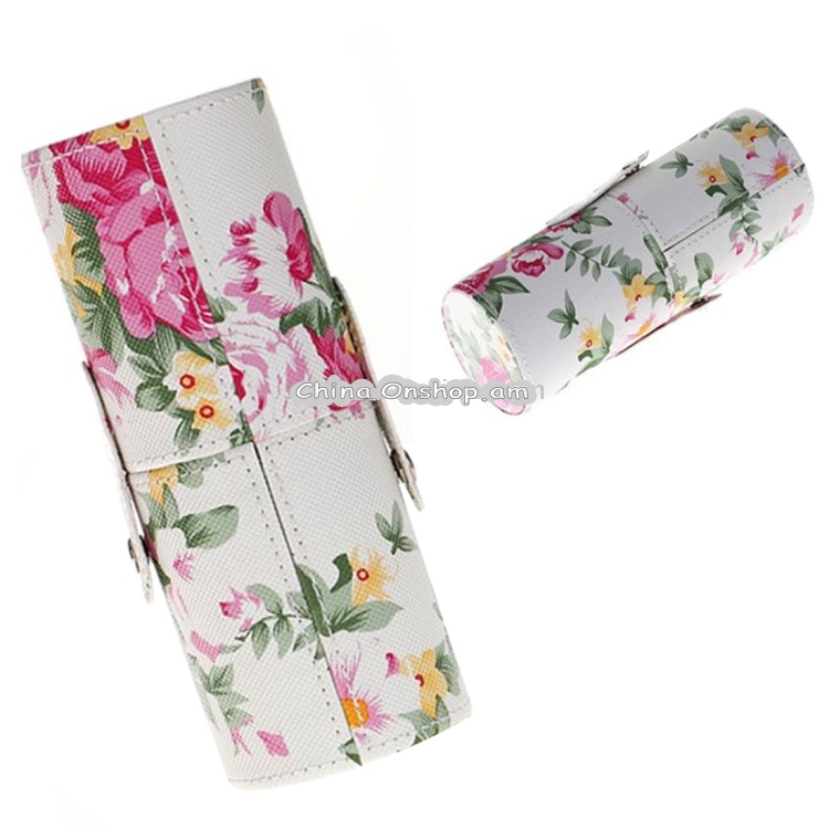 Rose Flower Pattern PU Leather Makeup Brush Set Storage Bucket, Medium Size