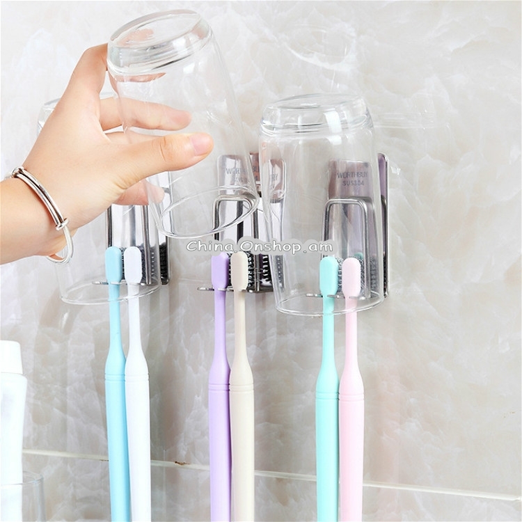 Creative Bathroom Wall Mounted Paste Stainless Steel Toothbrush Cup Holder